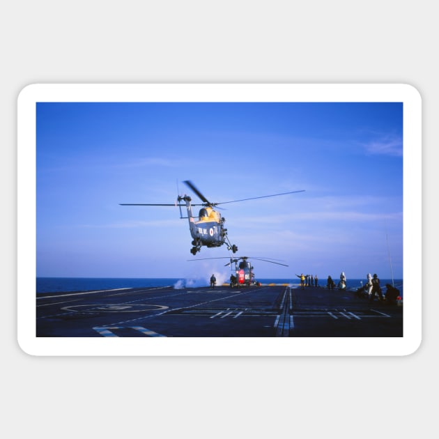 A Westland Wessex helicopter landing on the Royal Navy aircraft carrier HMS Hermes in the 1960s Sticker by ownedandloved